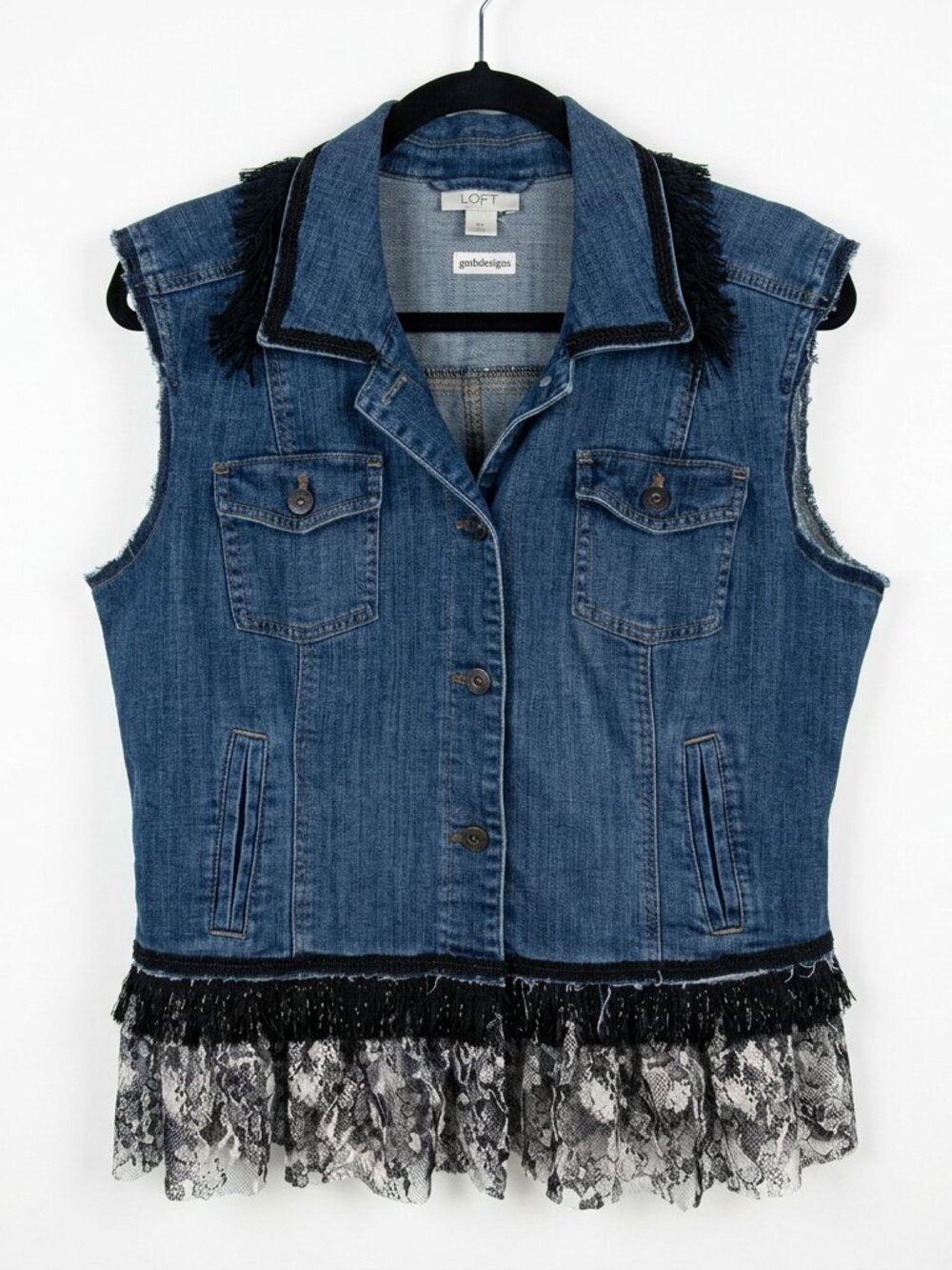 ANN TAYLOR LOFT Upcycled Denim Vest with Black Lace Trim & Back Panel - Size 14